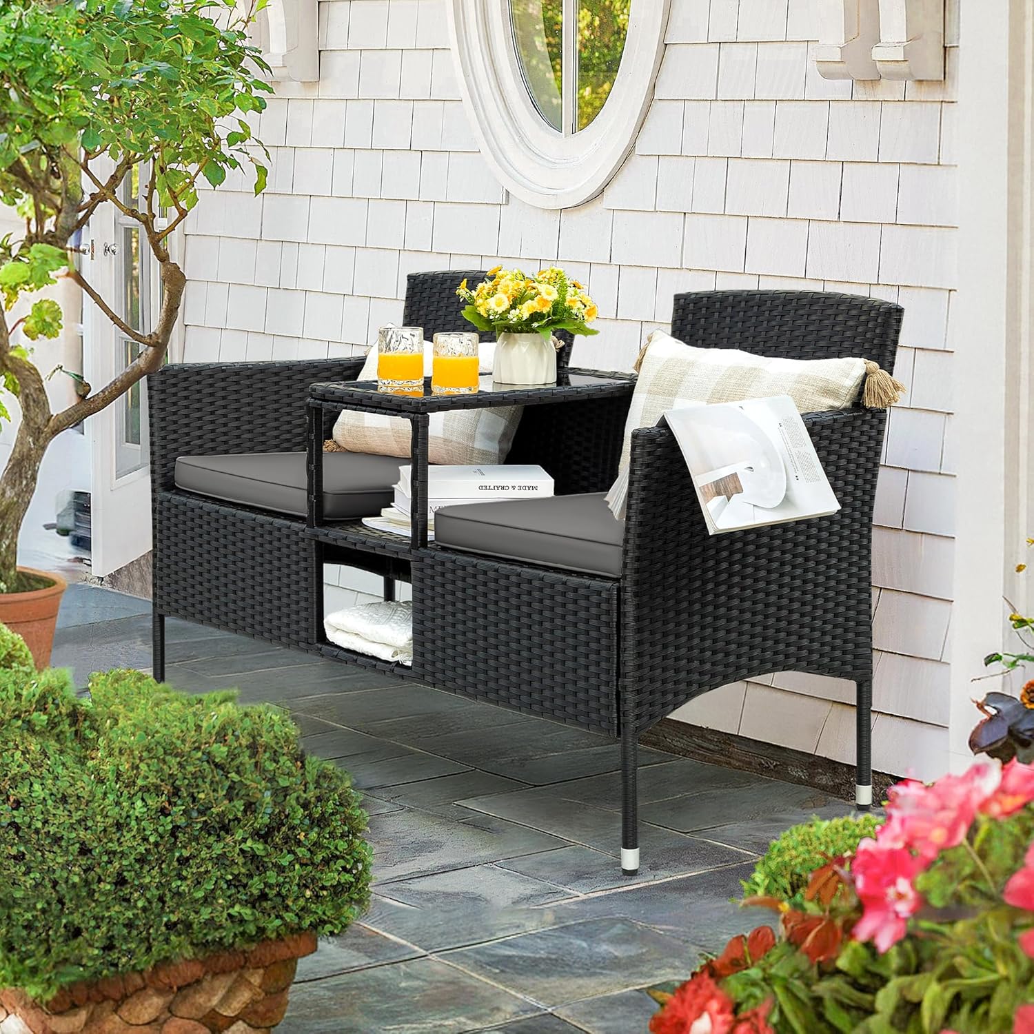 Outdoor Furniture Patio Loveseat Wicker 2-Seat with Built-in Table and Cushions Rattan Porch Chairs Bench for Balcony, Lawn, Backyard (Beige)