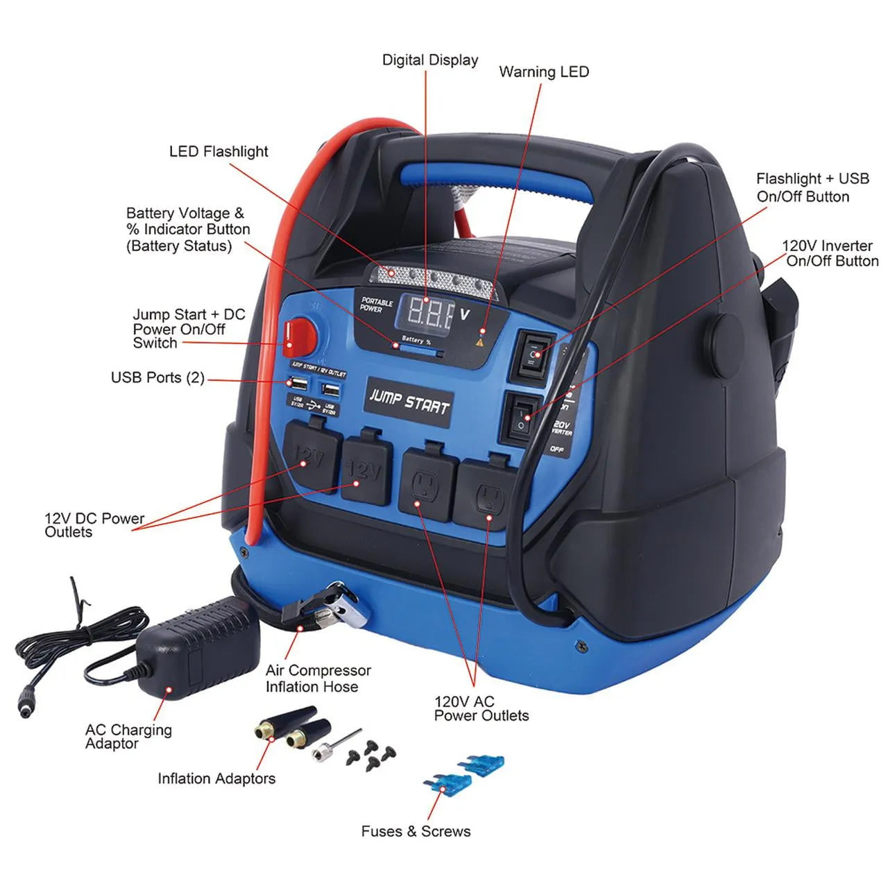 Rechargeable Jump Starter 1800 Amp Battery Jump Starter With Air Compressor Car Tire Inflator For Gas Diesel Vehicles
