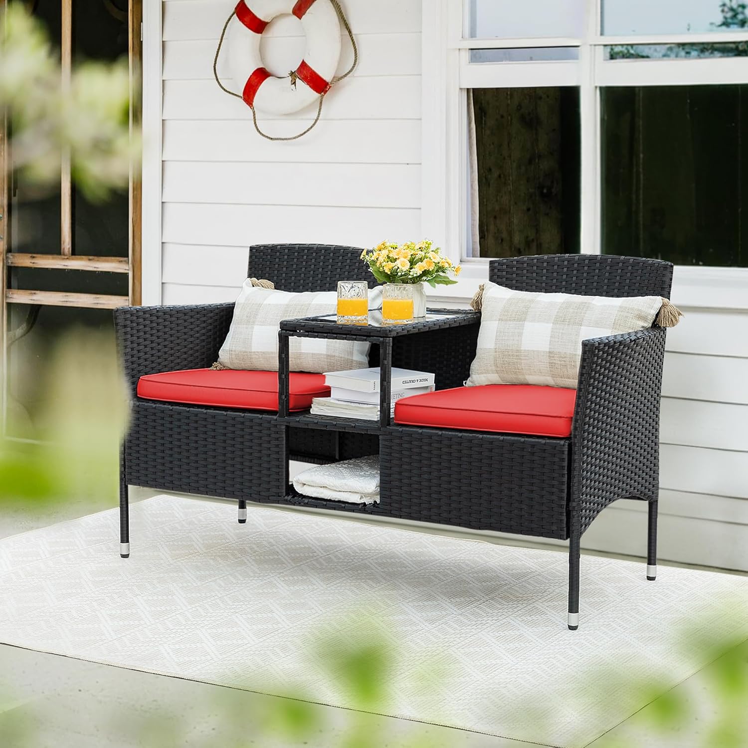 Outdoor Furniture Patio Loveseat Wicker 2-Seat with Built-in Table and Cushions Rattan Porch Chairs Bench for Balcony, Lawn, Backyard (Beige)
