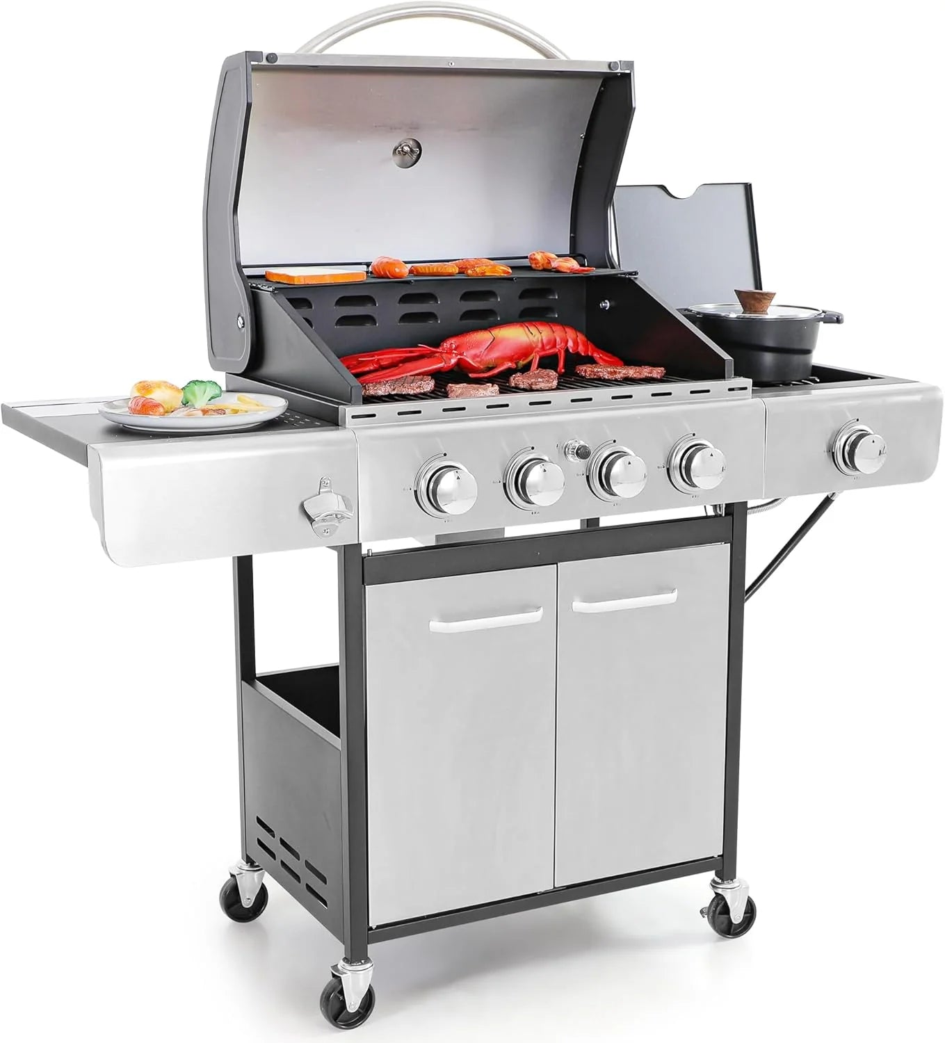 Burner Propane Gas BBQ Grill with Side Burner & Porcelain-Enameled Cast Iron Grates, 42,000 BTU Output Stainless Steel Grill for Outdoor Cooking Kitchen and Patio Backyard Barbecue-Captiva