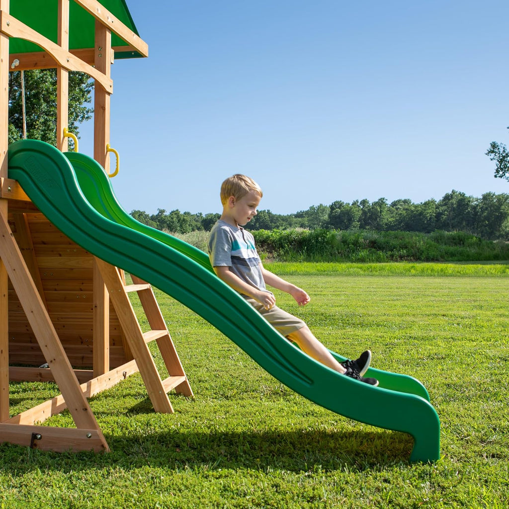 Mount Mckinley Cedar Wood Swing Set with Wave Slide, Play Deck, Double Rock Wall, Rope Ladder, Web Swing, Belt Swings, Toy Telescope, Steering Wheel, Sandbox Area, Outdoor Playset