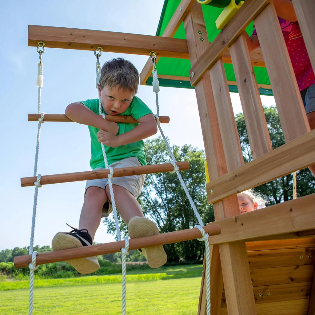 Mount Mckinley Cedar Wood Swing Set with Wave Slide, Play Deck, Double Rock Wall, Rope Ladder, Web Swing, Belt Swings, Toy Telescope, Steering Wheel, Sandbox Area, Outdoor Playset