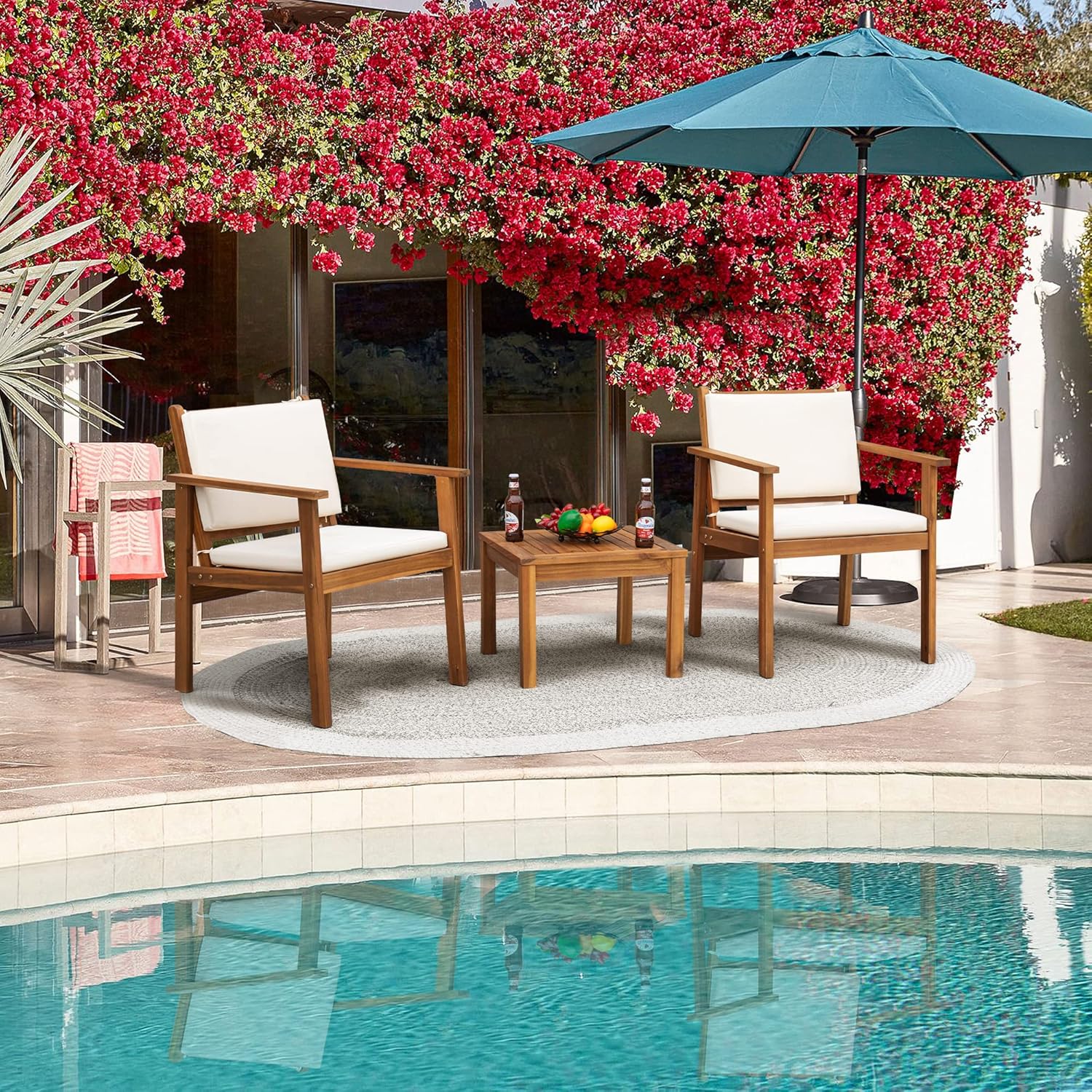 Patio Furniture 4 Piece Outdoor Acacia Wood Patio Conversation Sofa Set with Table & Cushions Porch Furniture for Deck, Balcony, Backyard