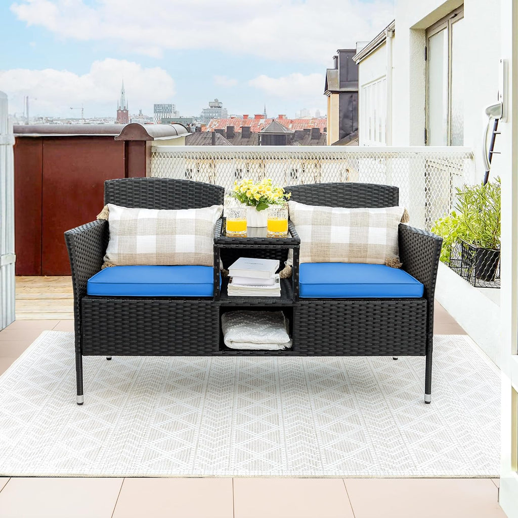 Outdoor Furniture Patio Loveseat Wicker 2-Seat with Built-in Table and Cushions Rattan Porch Chairs Bench for Balcony, Lawn, Backyard (Beige)